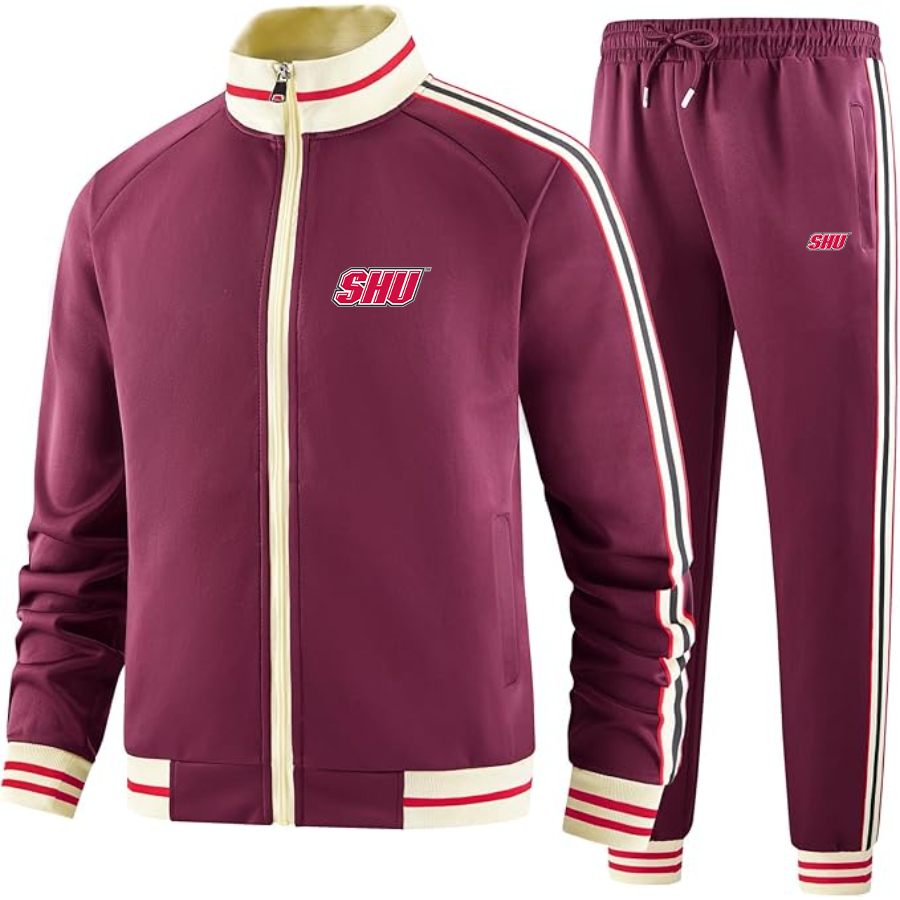 Men's Sacred Heart Pioneers Logo Tracksuit with Bold Striped Accents and Zippered Front Athletic Wear