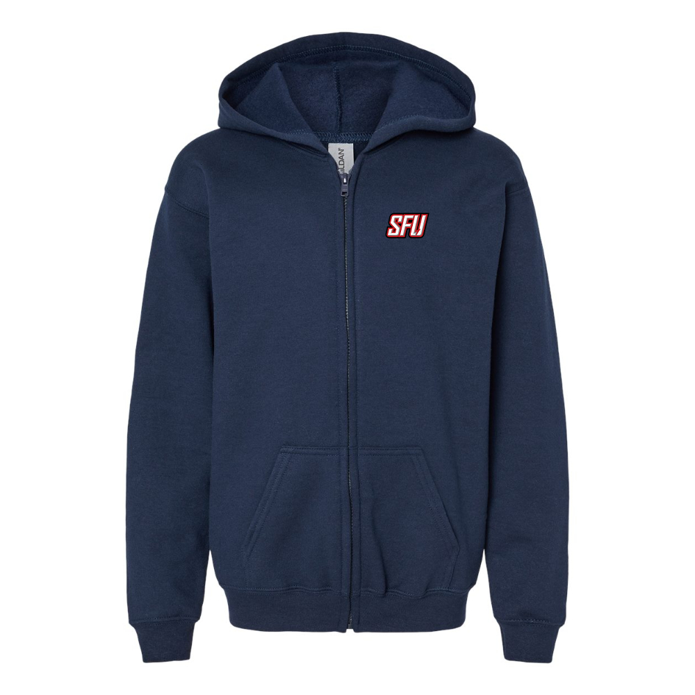 Gildan Heavy Blend Youth Saint Francis Red Flash Logo Full Zip Hooded Sweatshirt