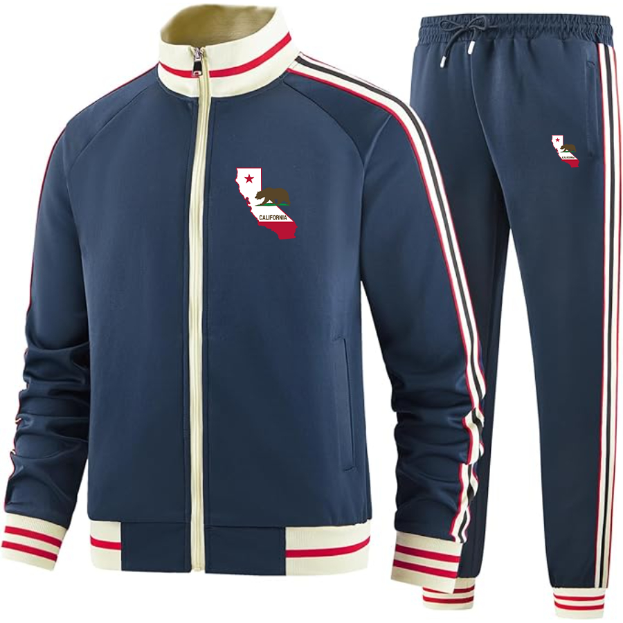 Men's California Bear Map Two Piece Designer Tracksuit with Bold Striped Accents and Zippered Front Elevated Athletic