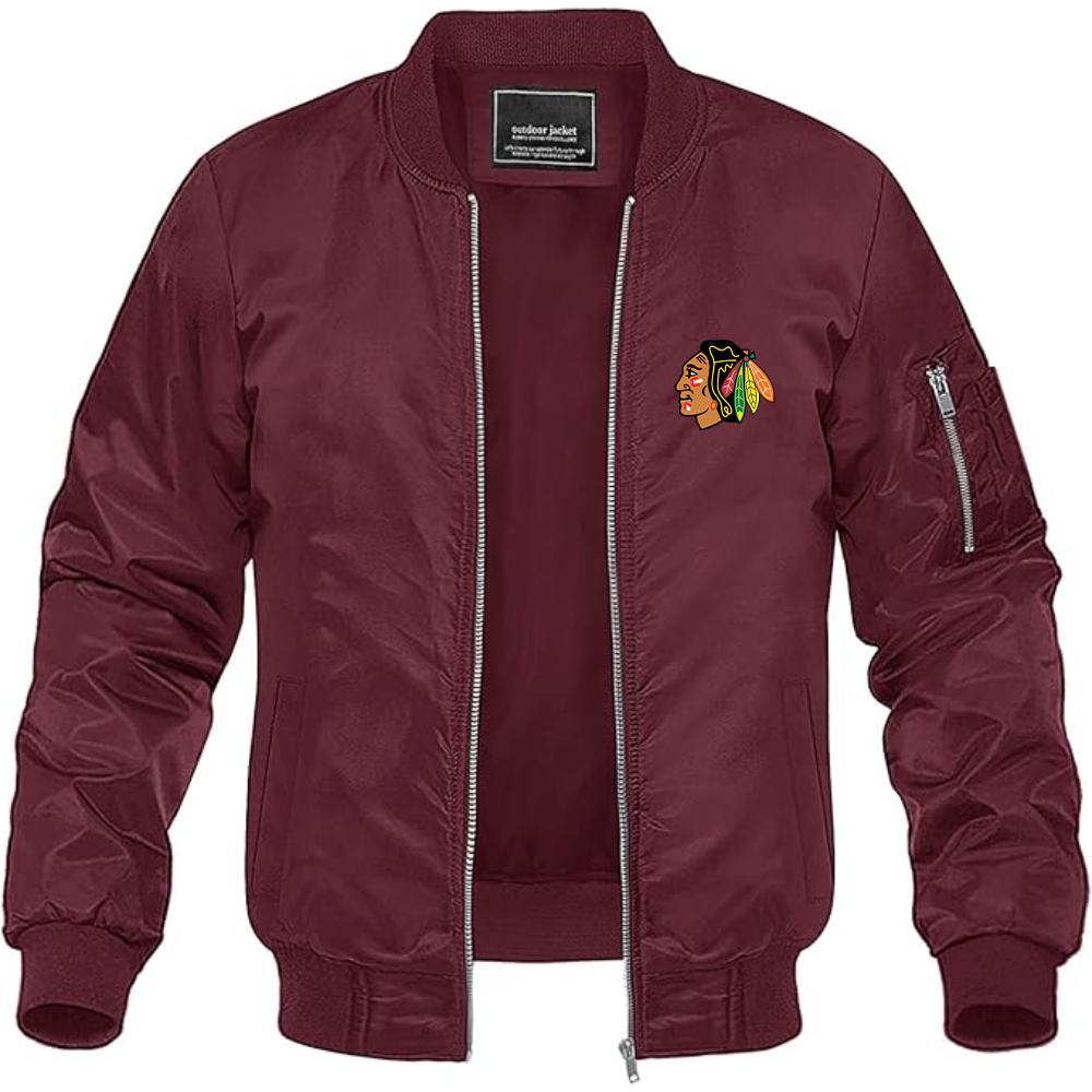 Men's Blackhawks Logo Lightweight Bomber Jacket Windbreaker Softshell Varsity Jacket Coat