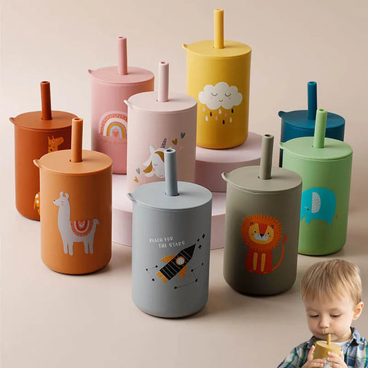 Durable Silicone Sippy Cups with Fun Animal Designs and Built-In Straw for Babies and Toddlers