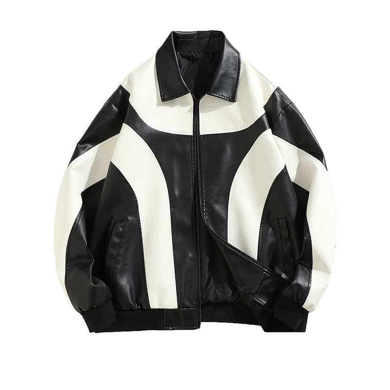 Men's Faux Leather Jacket with Geometric Design and Zipper Closure