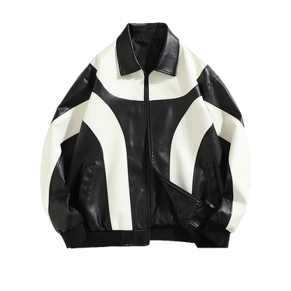 Men's Faux Leather Jacket with Geometric Design and Zipper Closure