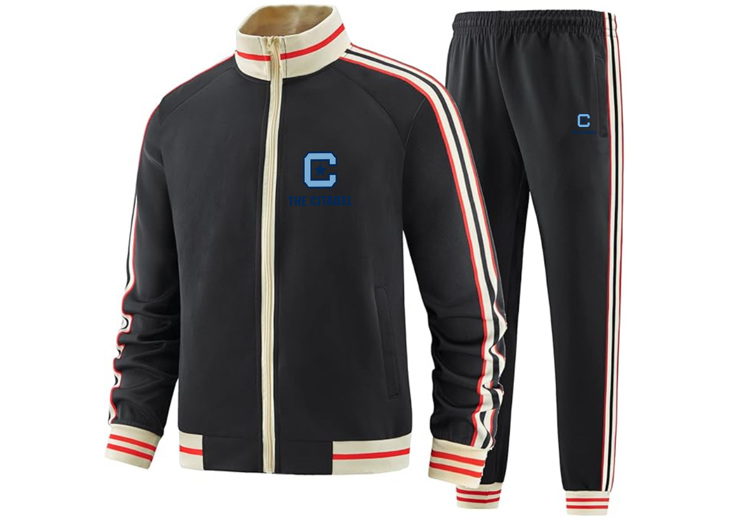 Men's The Citadel Bulldogs Tracksuit with Bold Striped Accents and Zippered Front Athletic Wear