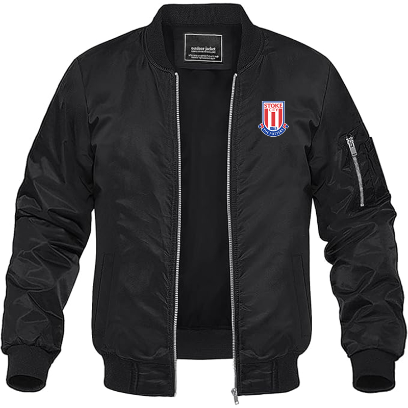 Men's Stoke City Soccer Lightweight Bomber Jacket Windbreaker Softshell Varsity Jacket Coat - Black