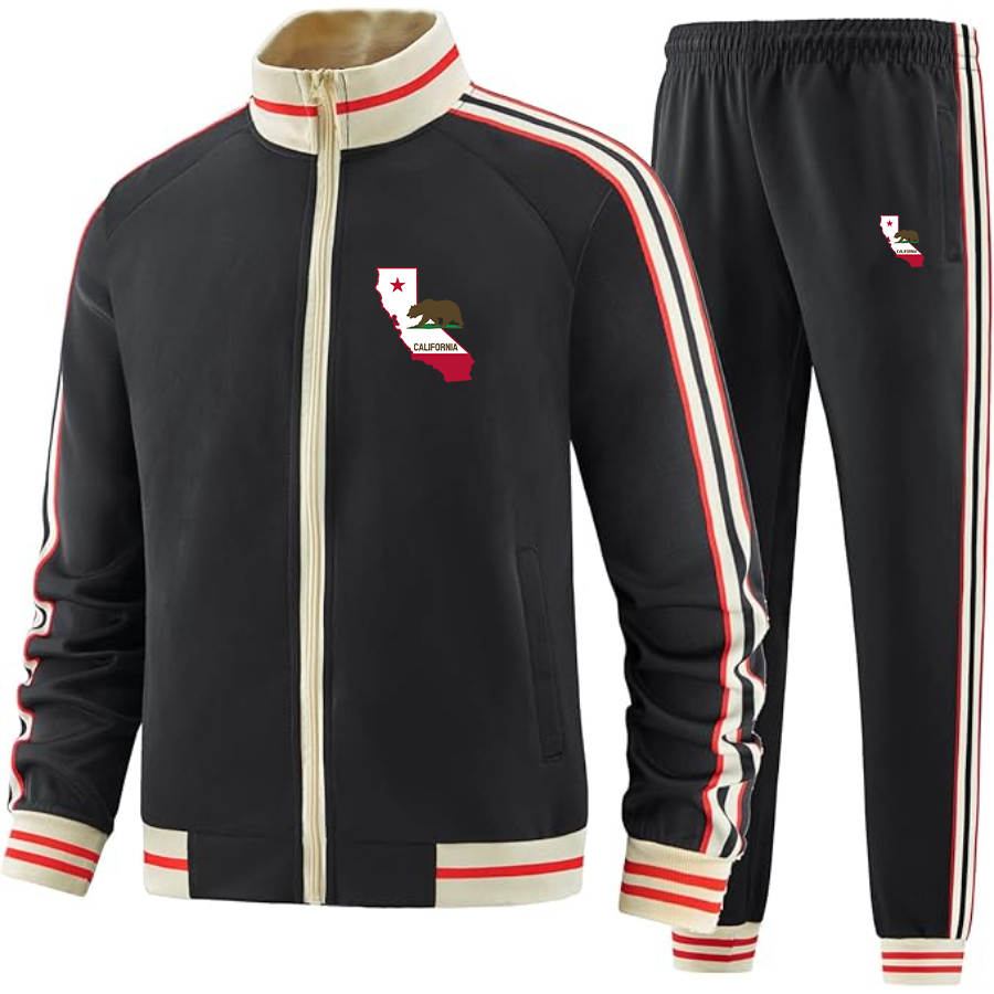 Men's California Bear Map  Two Piece Designer Tracksuit with Bold Striped Accents and Zippered Front Elevated Athletic