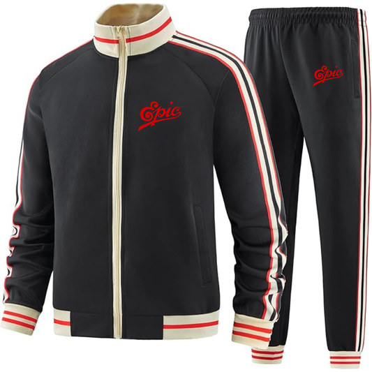 Men's Epic Records Two Piece Designer Tracksuit with Bold Striped Accents and Zippered Front Elevated Athletic