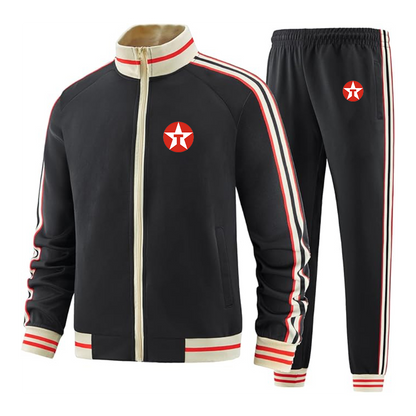 Men's Texaco Logo  Tracksuit with Bold Striped Accents and Zippered Front Athletic Wear