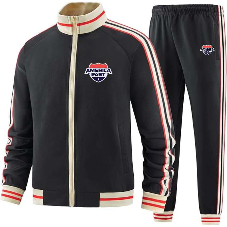 Men's   America East Conference Two Piece Designer Tracksuit with Bold Striped Accents and Zippered Front Elevated Athletic Wear
