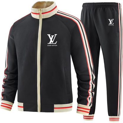 Men's  Louis Vuitton Two Piece Designer Tracksuit with Bold Striped Accents and Zippered Front Elevated Athletic Wear