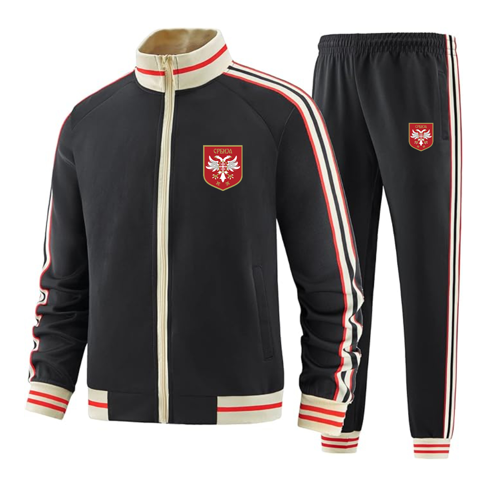 Men's Serbia National Football Soccer Team Logo  Tracksuit with Bold Striped Accents and Zippered Front Athletic Wear
