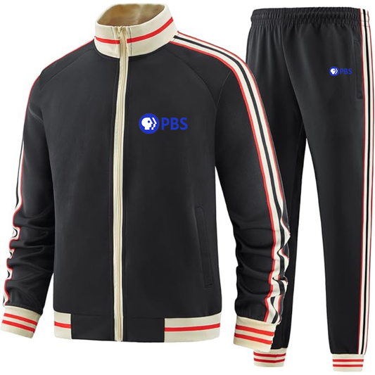 Men's PBS Blue  Two Piece Designer Tracksuit with Bold Striped Accents and Zippered Front Elevated Athletic Wear