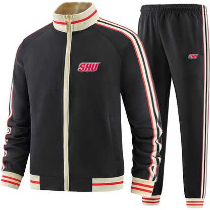 Men's Sacred Heart Pioneers Logo  Tracksuit with Bold Striped Accents and Zippered Front Athletic Wear