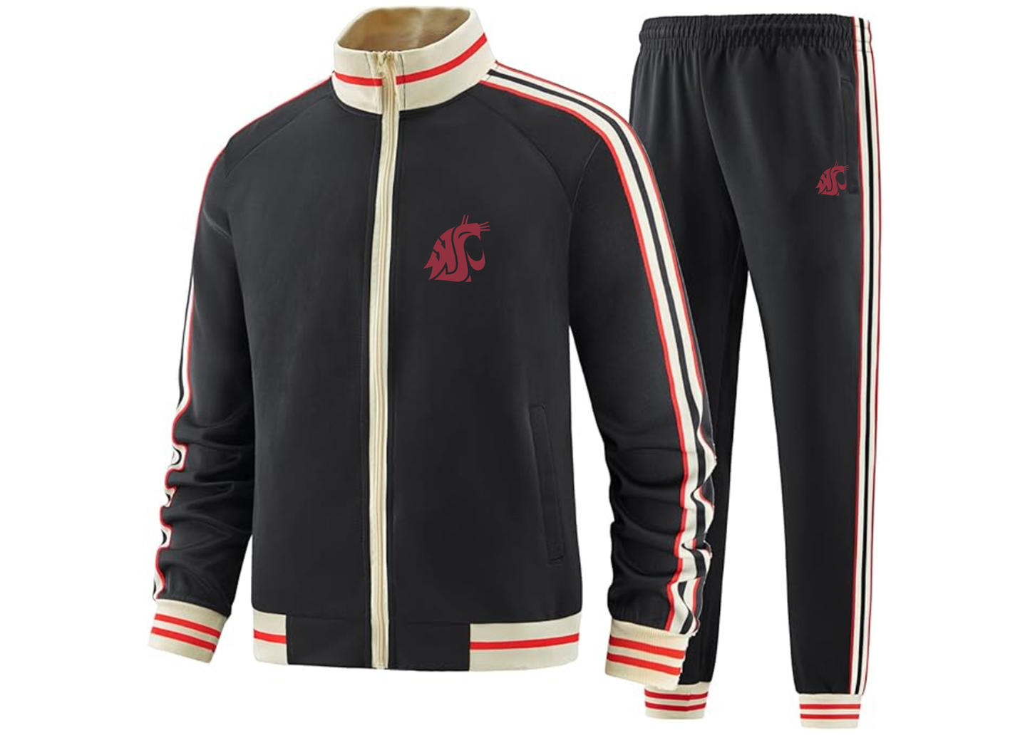 Men's Washington State Cougars Tracksuit with Bold Striped Accents and Zippered Front Athletic Wear