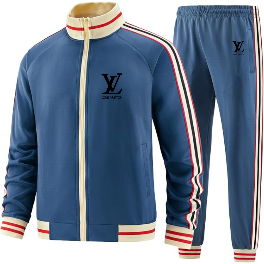 Men's  Louis Vuitton Two Piece Designer Tracksuit with Bold Striped Accents and Zippered Front Elevated Athletic Wear