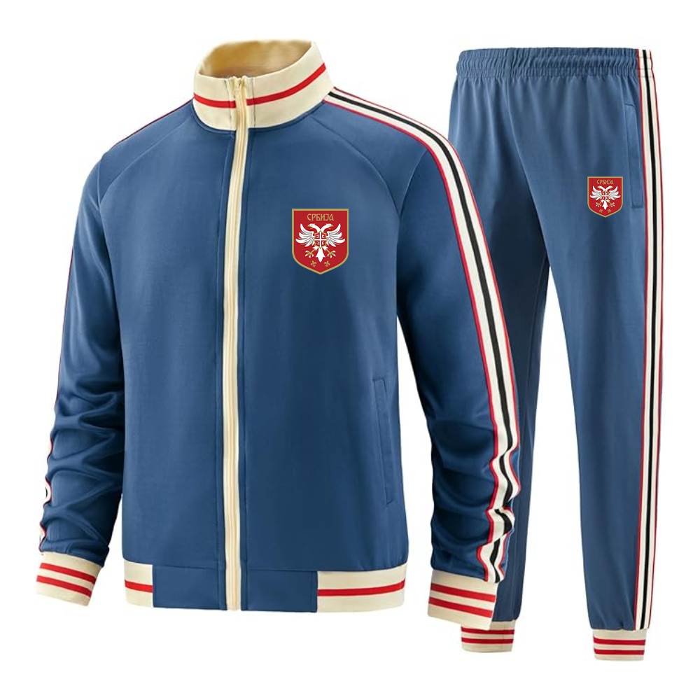 Men's Serbia National Football Soccer Team Logo  Tracksuit with Bold Striped Accents and Zippered Front Athletic Wear