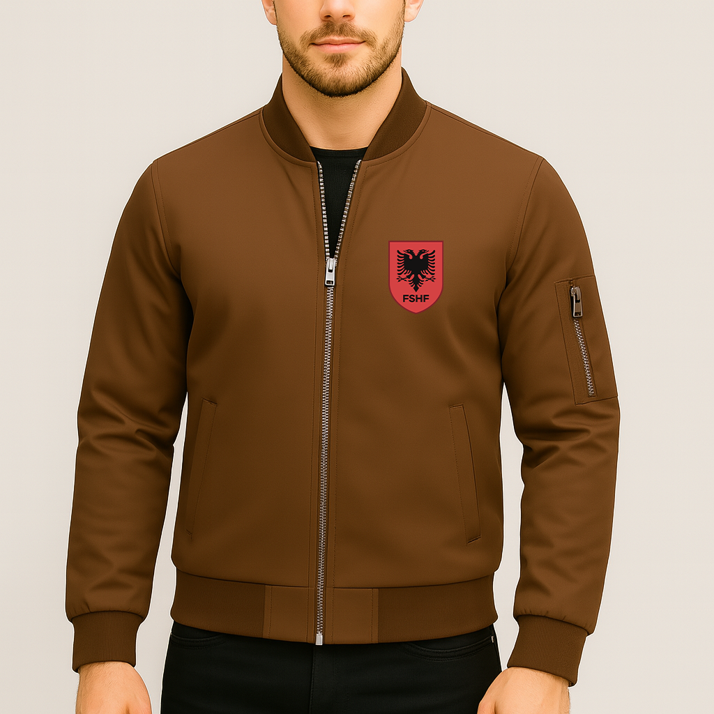 Men's Albania National Soccer Team Lightweight Bomber Jacket - Brown