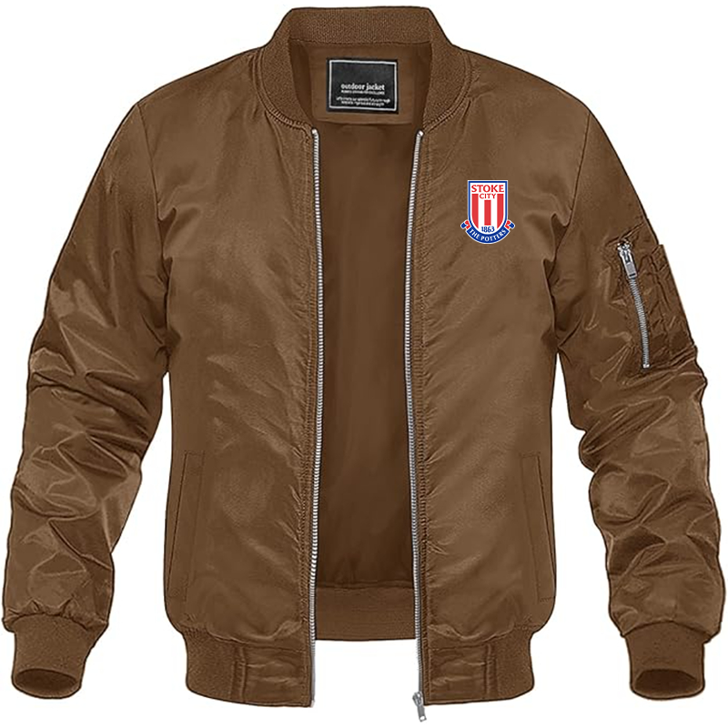 Men's Stoke City Soccer Lightweight Bomber Jacket Windbreaker Softshell Varsity Jacket Coat - Brown