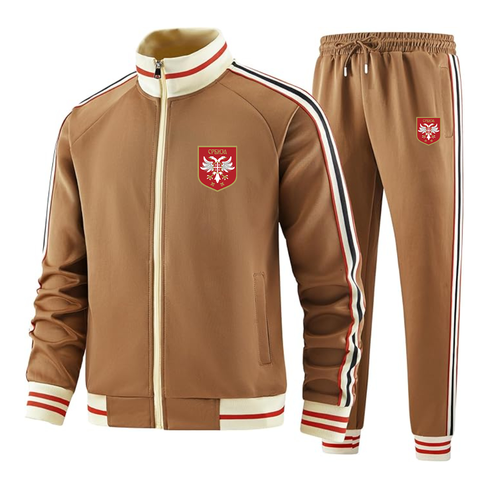Men's Serbia National Football Soccer Team Logo  Tracksuit with Bold Striped Accents and Zippered Front Athletic Wear