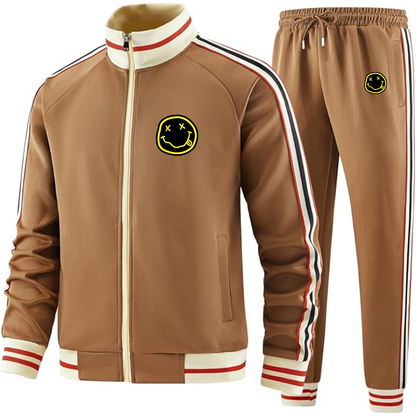 Men's Nirvana Yellow and Black Face   Two Piece Designer Tracksuit with Bold Striped Accents and Zippered Front Elevated Athletic Wear