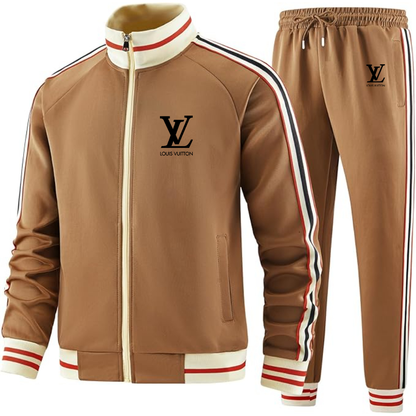 Men's  Louis Vuitton Two Piece Designer Tracksuit with Bold Striped Accents and Zippered Front Elevated Athletic Wear