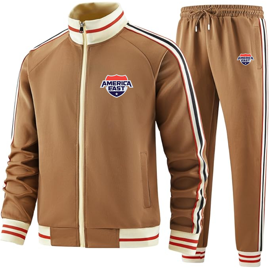 Men's   America East Conference Two Piece Designer Tracksuit with Bold Striped Accents and Zippered Front Elevated Athletic Wear