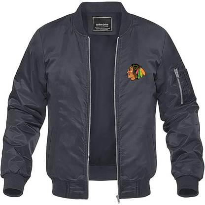 Men's Blackhawks Logo Lightweight Bomber Jacket Windbreaker Softshell Varsity Jacket Coat