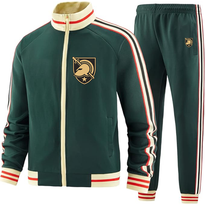 Men's   Army Black Knights  Two Piece Designer Tracksuit with Bold Striped Accents and Zippered Front Elevated Athletic