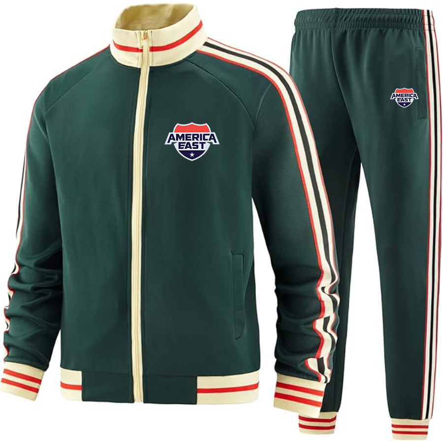 Men's   America East Conference Two Piece Designer Tracksuit with Bold Striped Accents and Zippered Front Elevated Athletic Wear