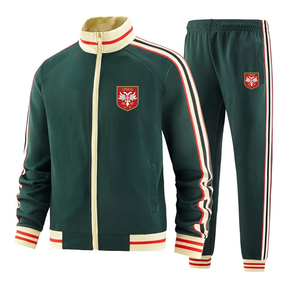 Men's Serbia National Football Soccer Team Logo  Tracksuit with Bold Striped Accents and Zippered Front Athletic Wear