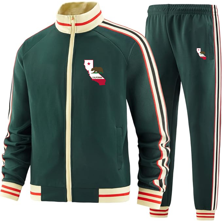 Men's California Bear Map  Two Piece Designer Tracksuit with Bold Striped Accents and Zippered Front Elevated Athletic