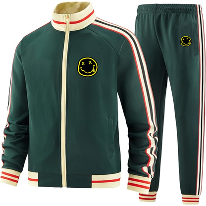 Men's Nirvana Yellow and Black Face   Two Piece Designer Tracksuit with Bold Striped Accents and Zippered Front Elevated Athletic Wear
