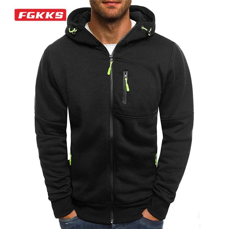 Men's Athletic Hooded Jacket with Zipper Pockets, Adjustable Drawstrings, and Comfortable Fit for Casual and Sportswear.