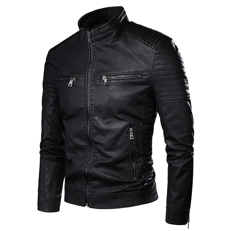 Men's Faux Leather Biker Jacket with Zipper Details and Quilted Shoulders