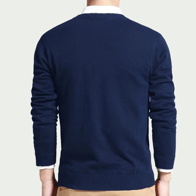 Men's V-Neck Pullover Sweater with Ribbed Cuffs and Hem, Perfect for Layering or Standalone Wear