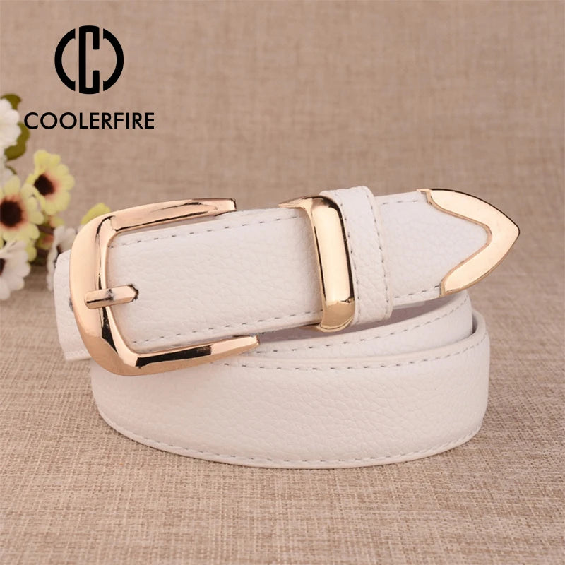 Elegant Genuine Leather Belt with Gold-Tone Western-Style Buckle for Women