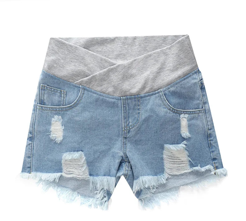 Maternity Casual Denim Shorts with Elastic Waistband and Frayed Hem Design