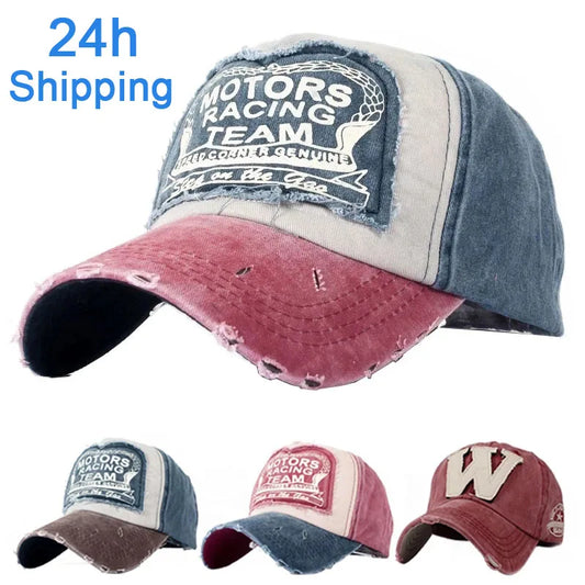 Vintage Distressed Baseball Cap with Motors Racing Team Patch, Adjustable Casual Hat for Men and Women, Perfect for Outdoor Activities and Everyday Wear