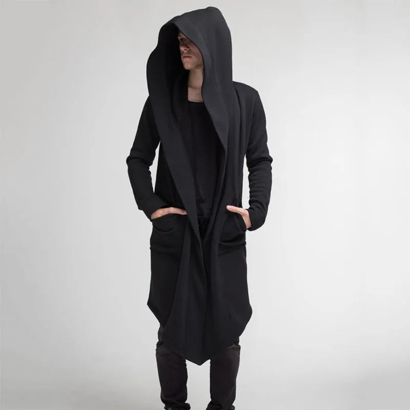 Men's Long Hooded Cardigan with Asymmetrical Hem, Deep Pockets, and Open Front Design for a Contemporary, Edgy Look