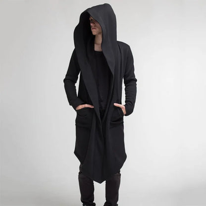 Men's Long Hooded Cardigan with Asymmetrical Hem, Deep Pockets, and Open Front Design for a Contemporary, Edgy Look