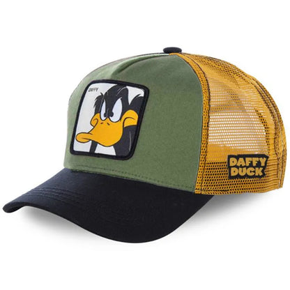 Cartoon Character Mesh-Back Trucker Hat with Adjustable Strap and Embroidered Patch Design