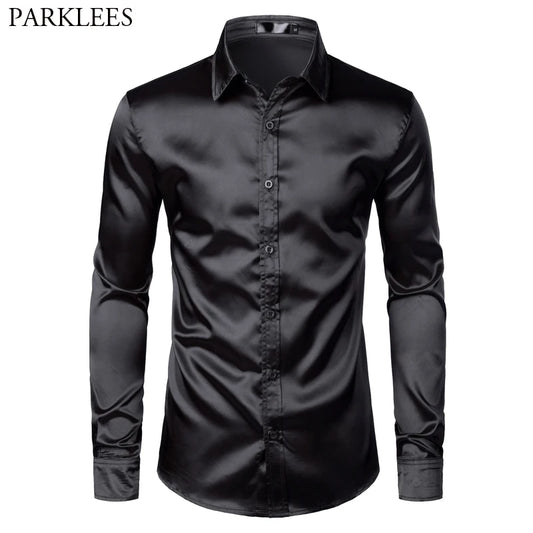 Men's Slim-Fit Satin Dress Shirt with Long Sleeves and Button-Down Collar