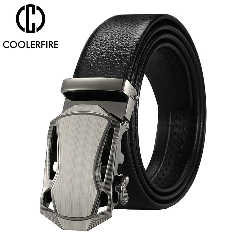 Men's Genuine Leather Belt with Sleek Automatic Ratchet Buckle and Smooth Finish