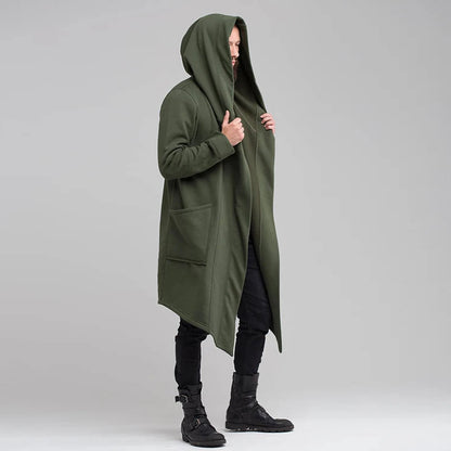 Men's Long Hooded Cardigan with Deep Front Pockets and Open Draped Design for a Modern Casual Look