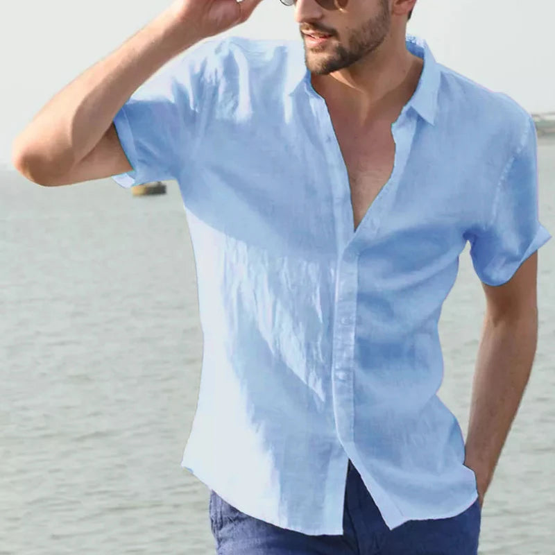 Breathable Linen Casual Shirt for Men with Short Sleeves and Button-Down Collar, Perfect for Summer Beach Outings