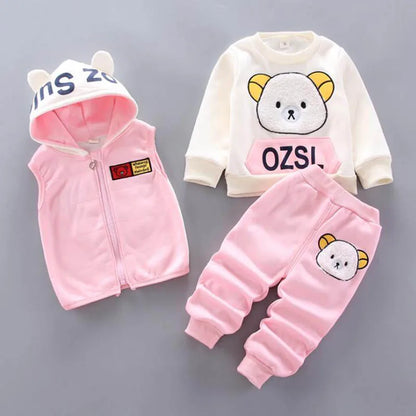 Three-Piece Toddler Plush Winter Outfit with Bear Design, Including Hoodie Vest, Long Sleeve Top, and Pants