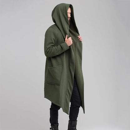 Men's Long Hooded Cardigan with Asymmetrical Hem, Deep Pockets, and Open Front Design for a Contemporary, Edgy Look