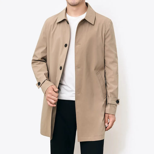 Men's Classic Single-Breasted Trench Coat with Turn-Down Collar and Adjustable Cuffs for a Timeless, Sophisticated Look