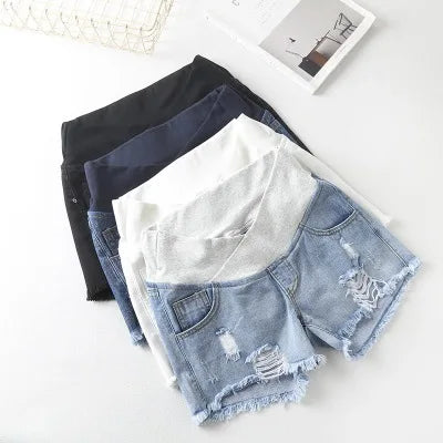 Maternity Casual Denim Shorts with Elastic Waistband and Frayed Hem Design