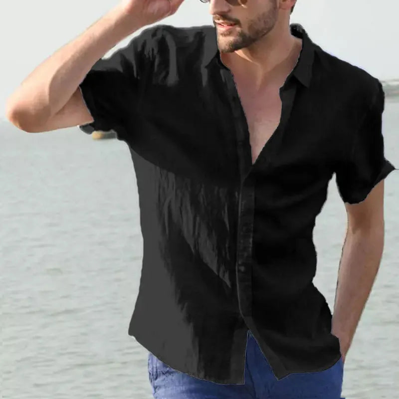 Breathable Linen Casual Shirt for Men with Short Sleeves and Button-Down Collar, Perfect for Summer Beach Outings